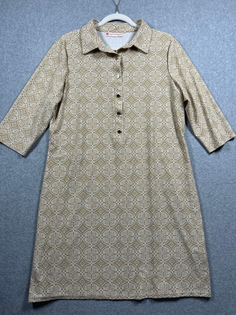 Jude Connally Geometric Print Shirtdress Women's M/L Brown 3/4 Sleeve Jude Cloth